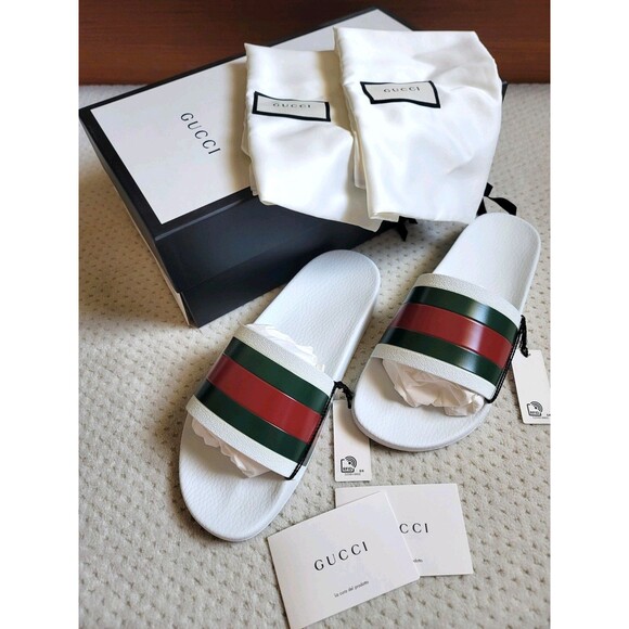 NIB GUCCI Pursuit Stripes White Pool Slides Mens - White Gucci Web, Size US 8 - Picture 2 of 9